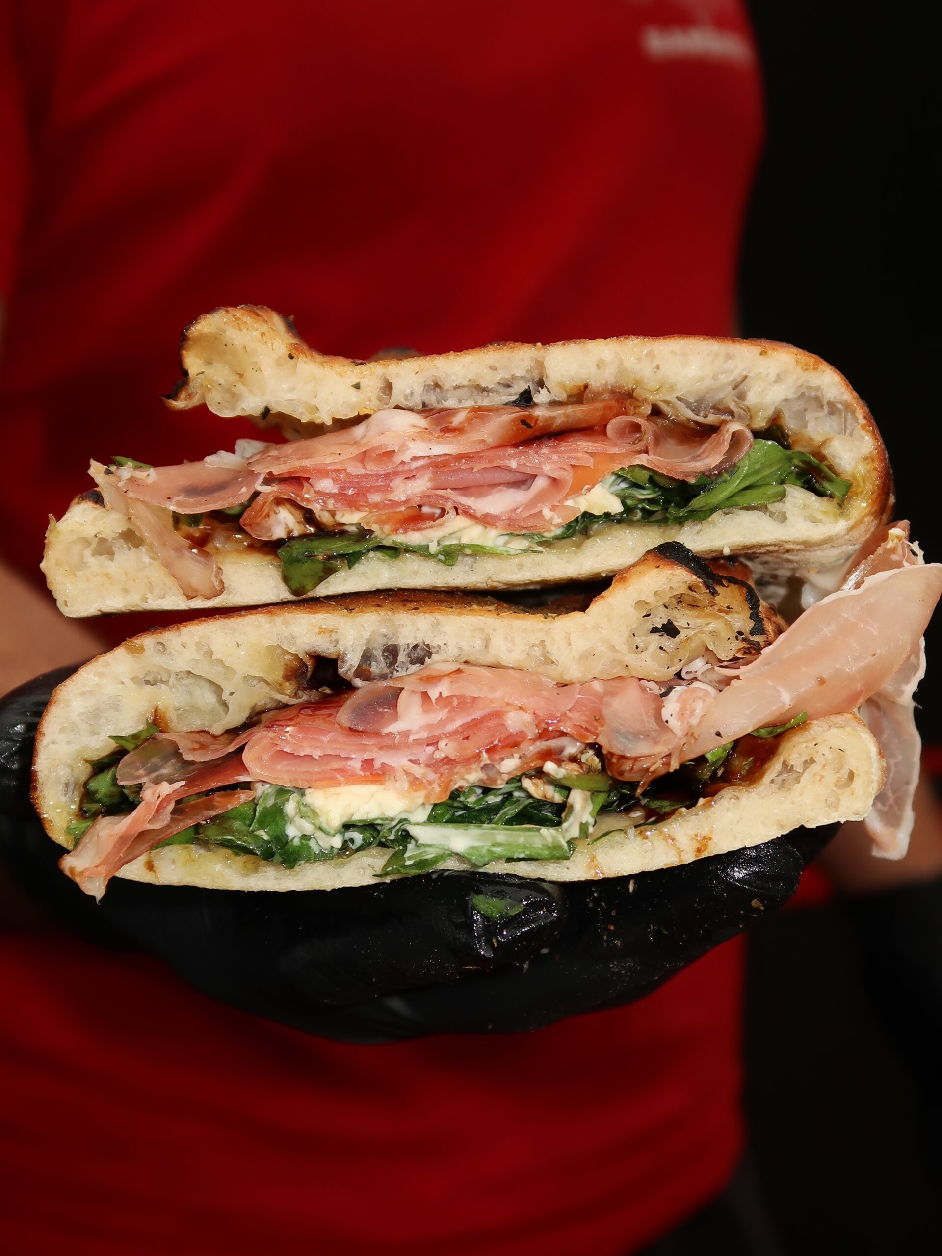 Fresh Bambino panino filled with prosciutto, rocket and cheese